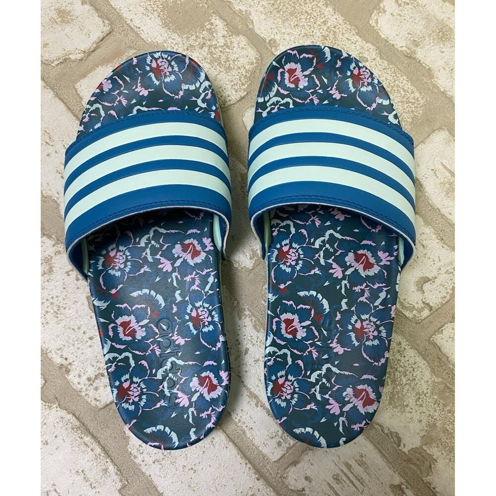 adidas Floral Slide Sandals Blue White Stripes Rubber Upper US 6 Women